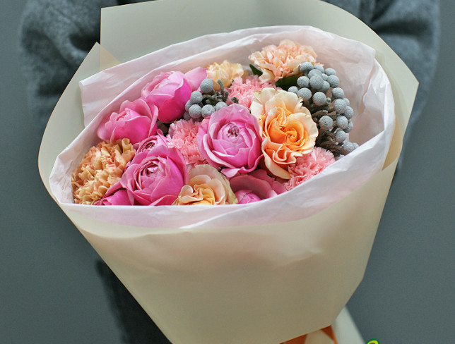 Bouquet of peony roses and carnations photo